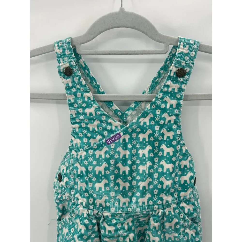 Vintage OshKosh B'Gosh Vestbak Overalls Turquoise Corduroy Horse print Kids 4T